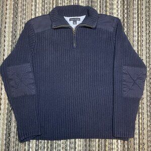 Tommy Hilfiger Men’s L Fit XS Navy Quarter Zip Knit Sweater Elbow Patches *READ*